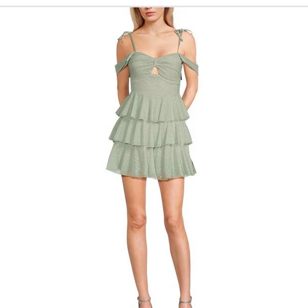Honey and Rosie Sage Green Tiered Mini Dress